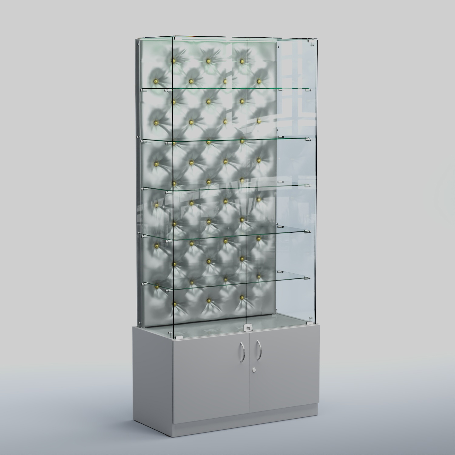 Высокая стеклянная витрина КАПИТОНЕ №505 Серый + Экокожа серебристая