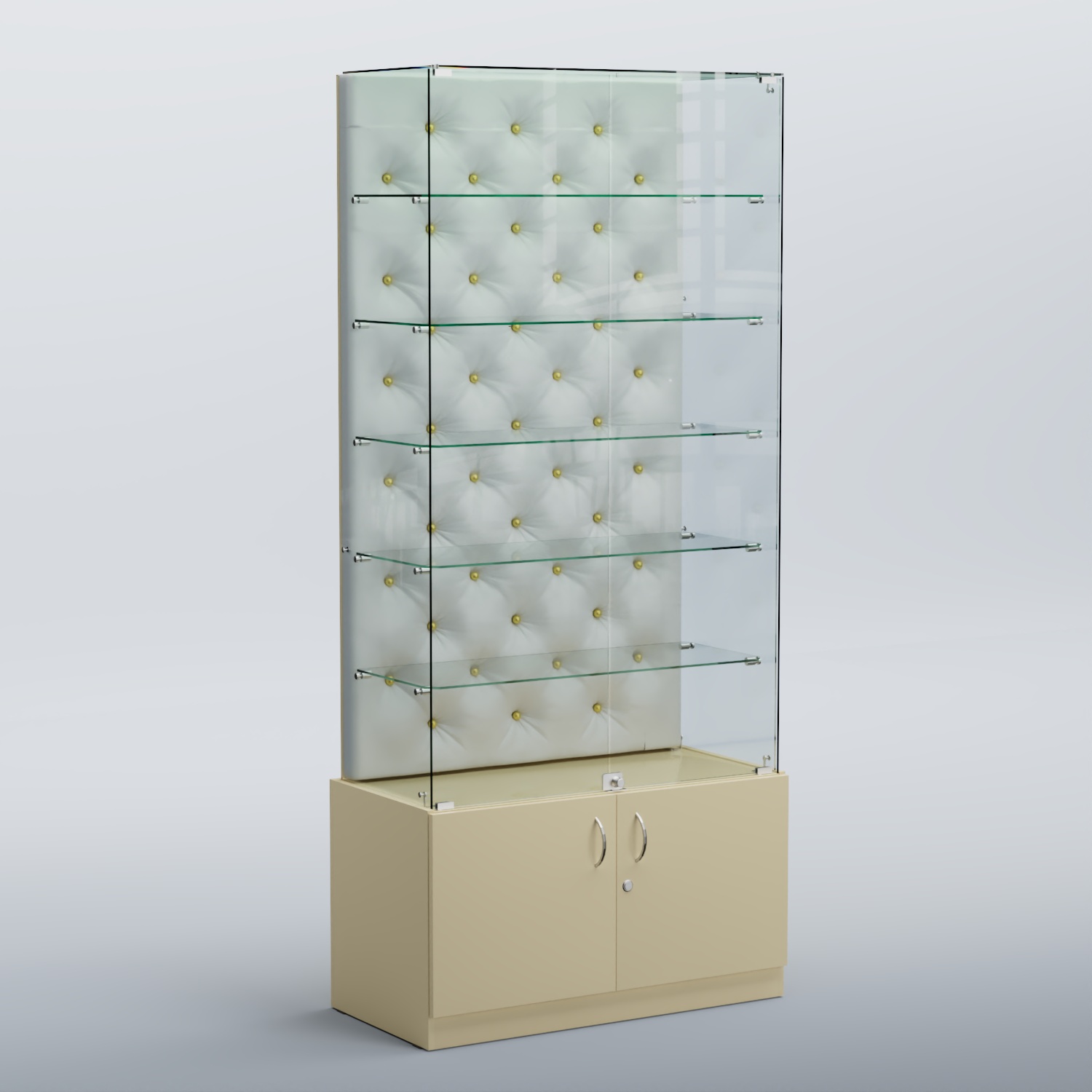 Высокая стеклянная витрина КАПИТОНЕ №505 Крем вайс + Экокожа белая