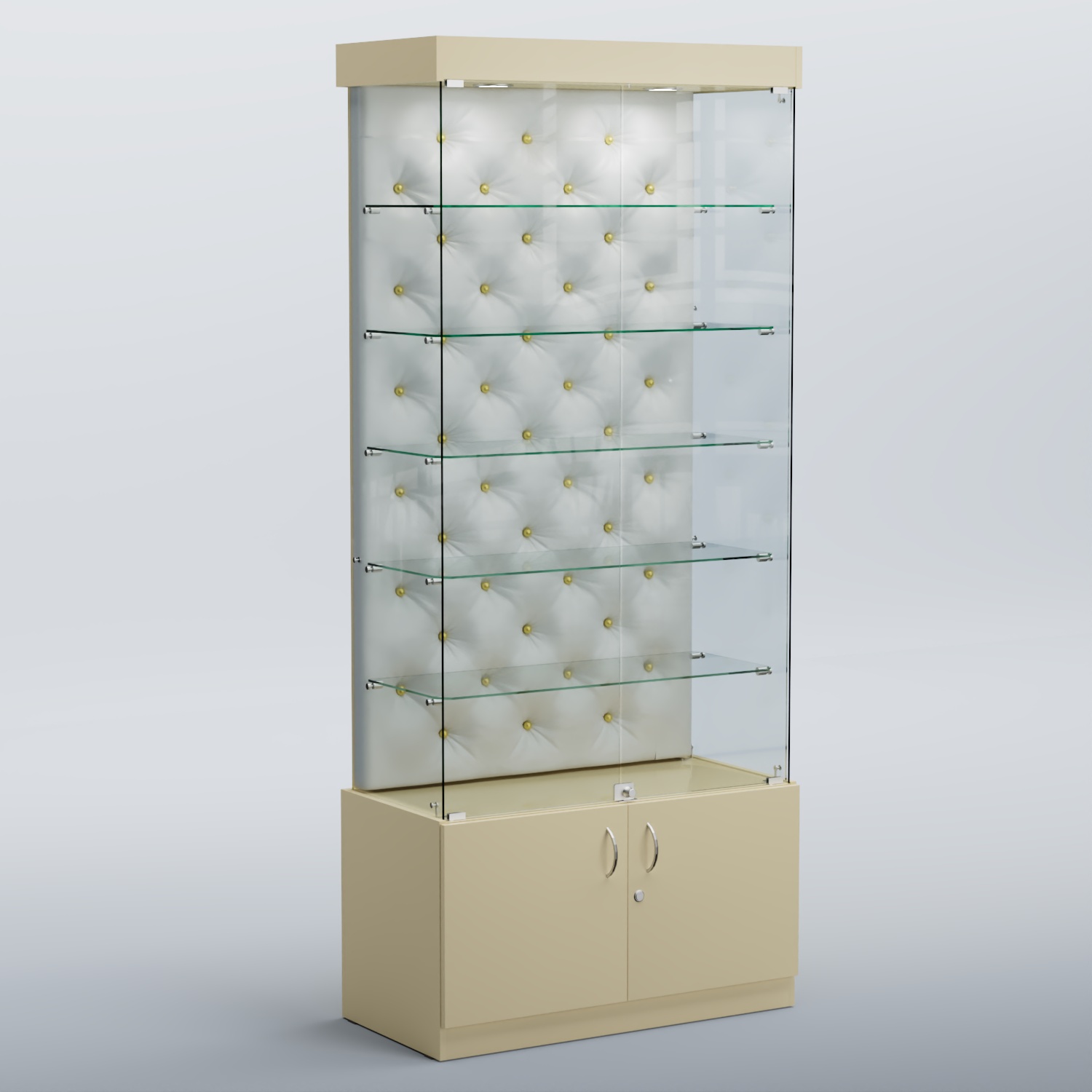 Высокая стеклянная витрина КАПИТОНЕ №501 Крем вайс + Экокожа белая