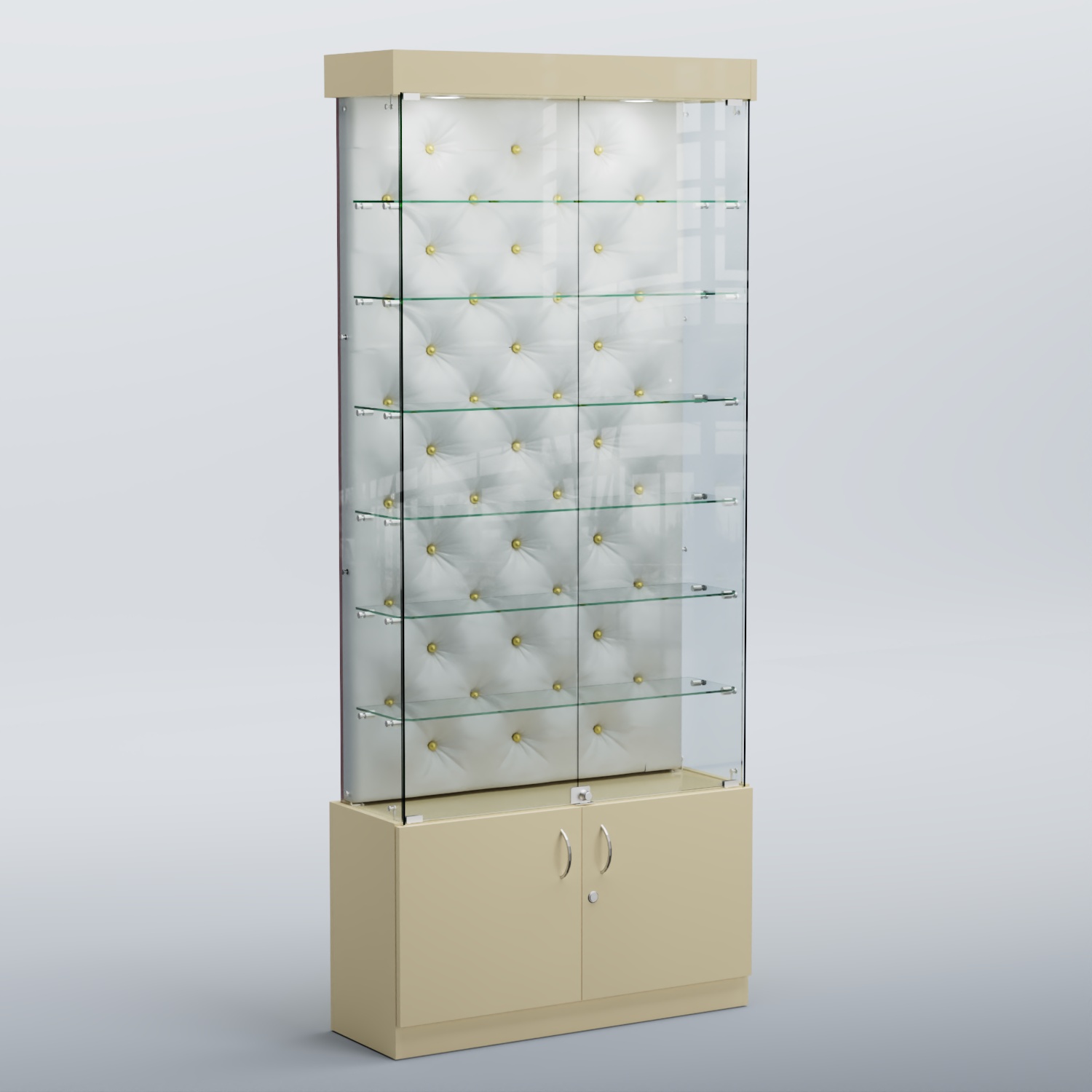 Высокая стеклянная витрина КАПИТОНЕ №31 Крем вайс + Экокожа белая