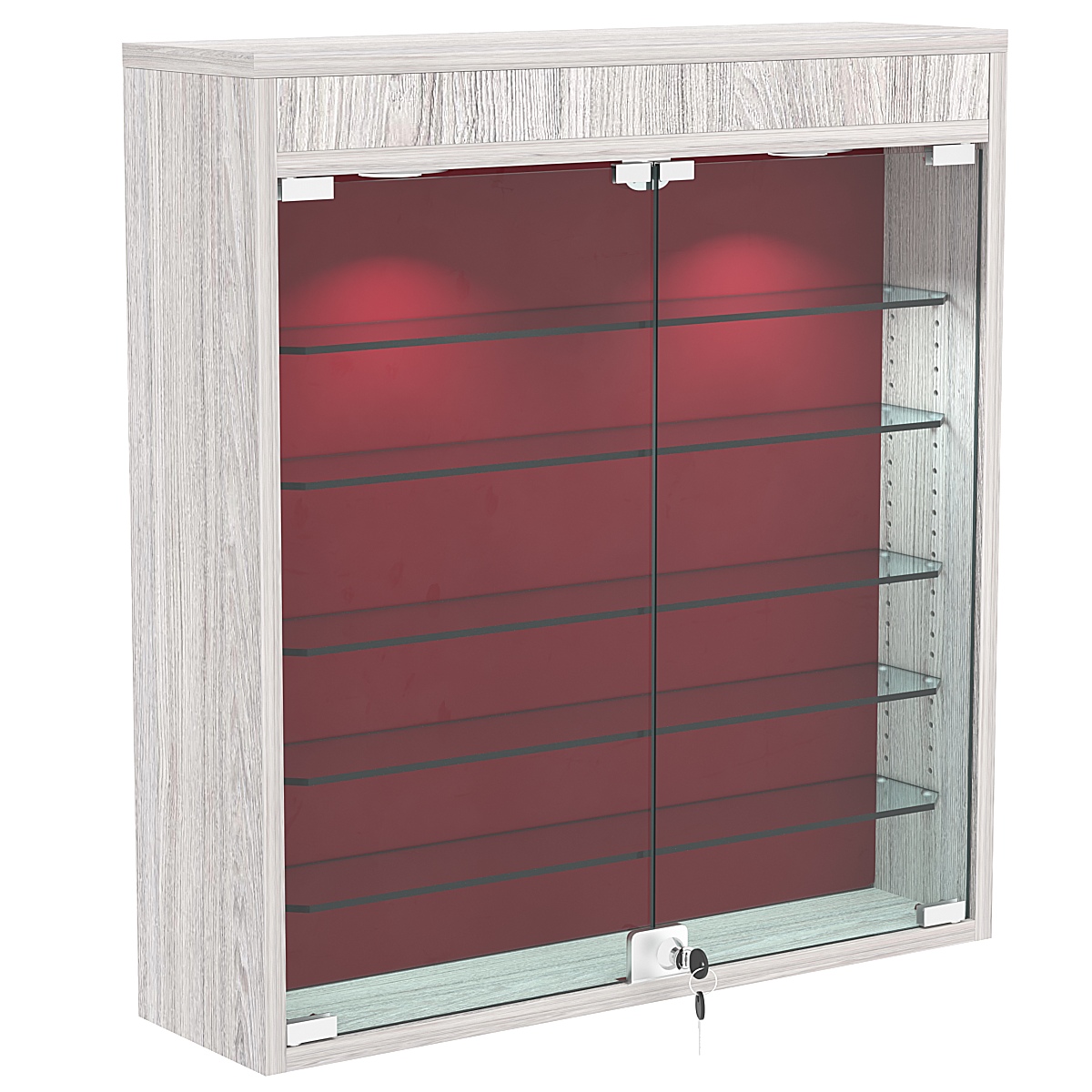 Настенная витрина с бархатом серии БАРОН №1-3А (пять полок) Ясень Анкор светлый + 07 Red
