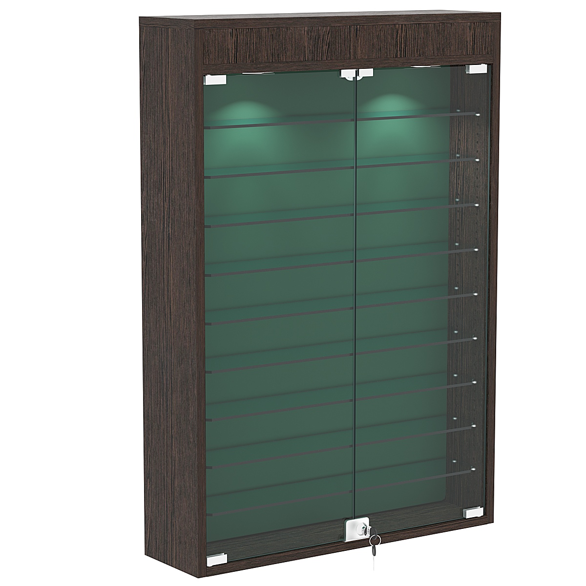 Настенная витрина с бархатом серии БАРОН №2-3А (девять полок) Дуб Венге + 10 Green