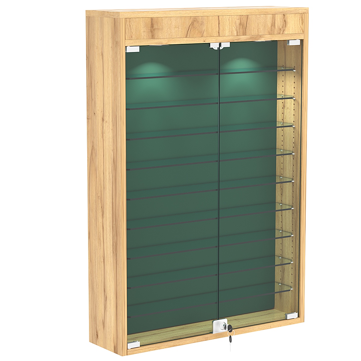 Настенная витрина с бархатом серии БАРОН №2-3А (девять полок) Дуб Золотистый + 10 Green