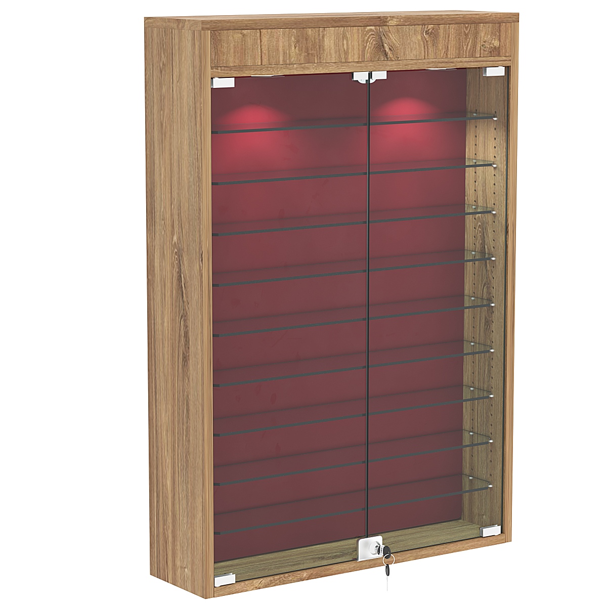 Настенная витрина с бархатом серии БАРОН №2-3А (девять полок) Дуб канзас коричневый + 07 Red