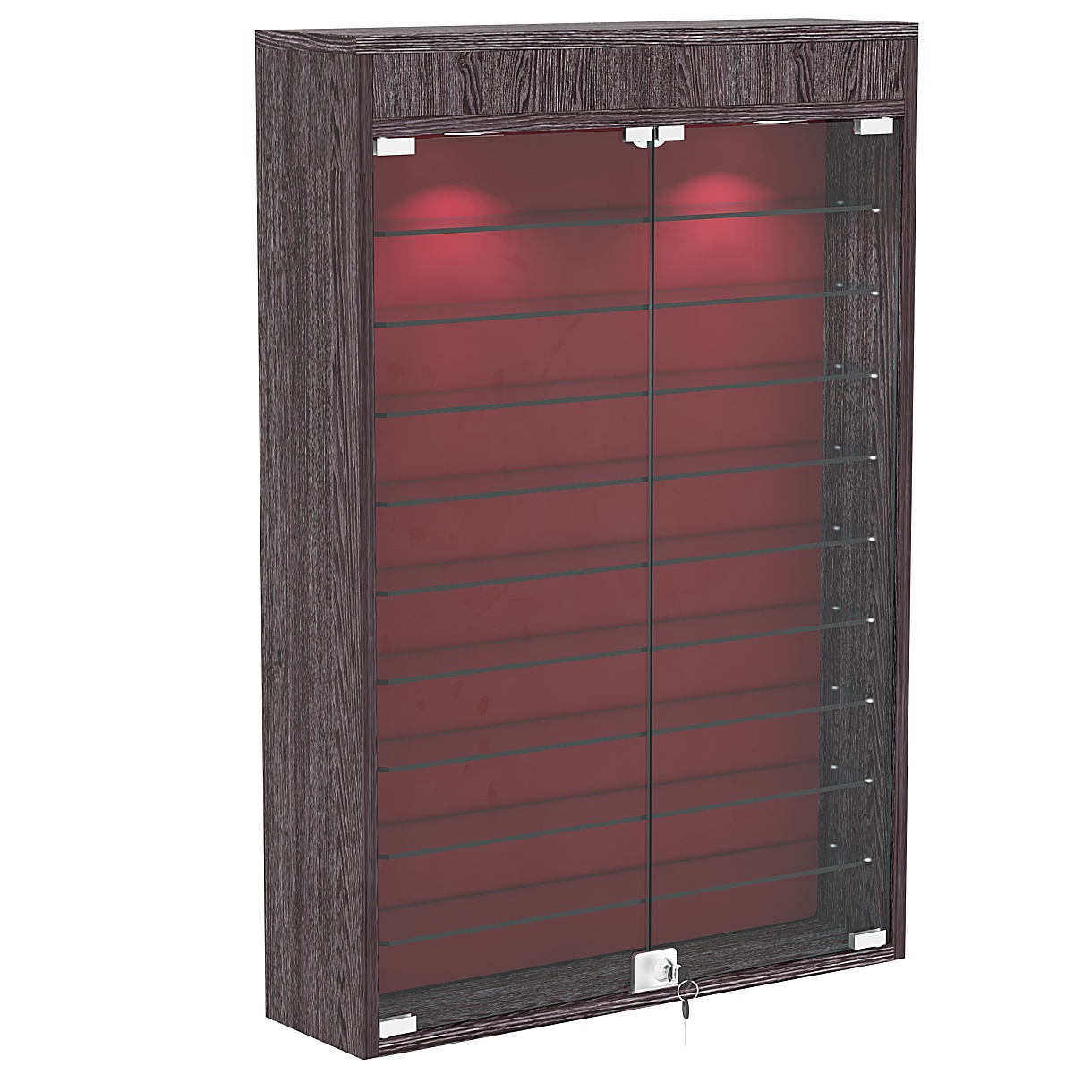 Настенная витрина с бархатом серии БАРОН №2-3А (девять полок) Ясень Анкор темный + 07 Red