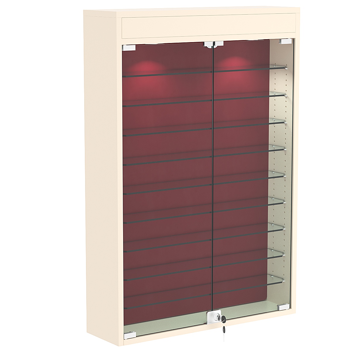 Настенная витрина с бархатом серии БАРОН №2-3А (девять полок) Крем Вайс + 07 Red
