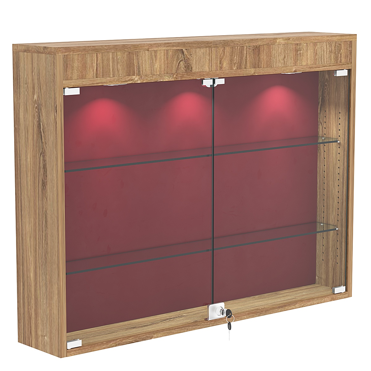 Настенная витрина с бархатом серии БАРОН №3-3А (две полки) Дуб канзас коричневый + 07 Red