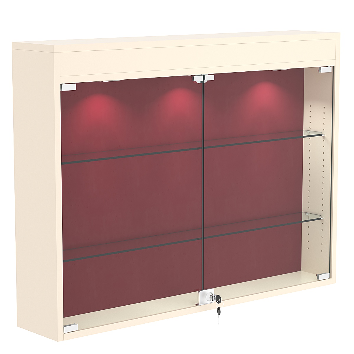 Настенная витрина с бархатом серии БАРОН №3-3А (две полки) Крем Вайс + 07 Red
