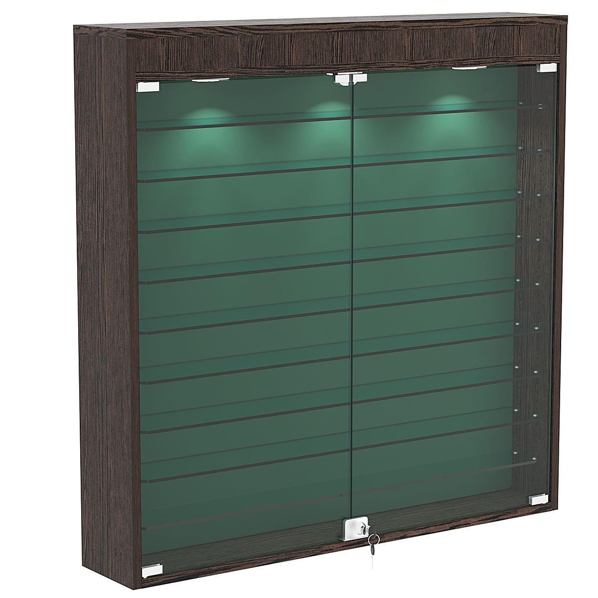 Настенная витрина с бархатом серии БАРОН №4-4А (девять полок) Дуб Венге + 10 Green