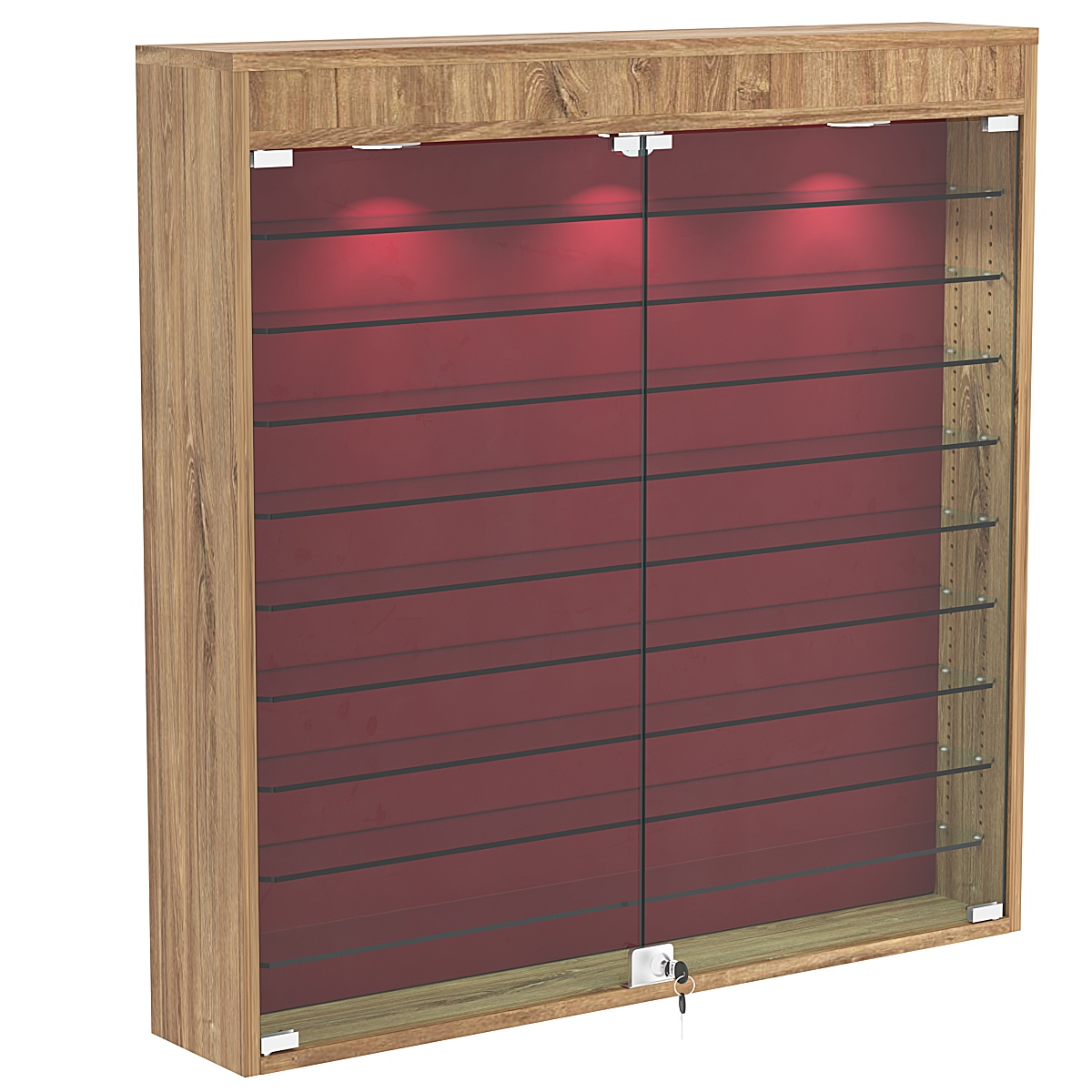 Настенная витрина с бархатом серии БАРОН №4-4А (девять полок) Дуб канзас коричневый + 07 Red