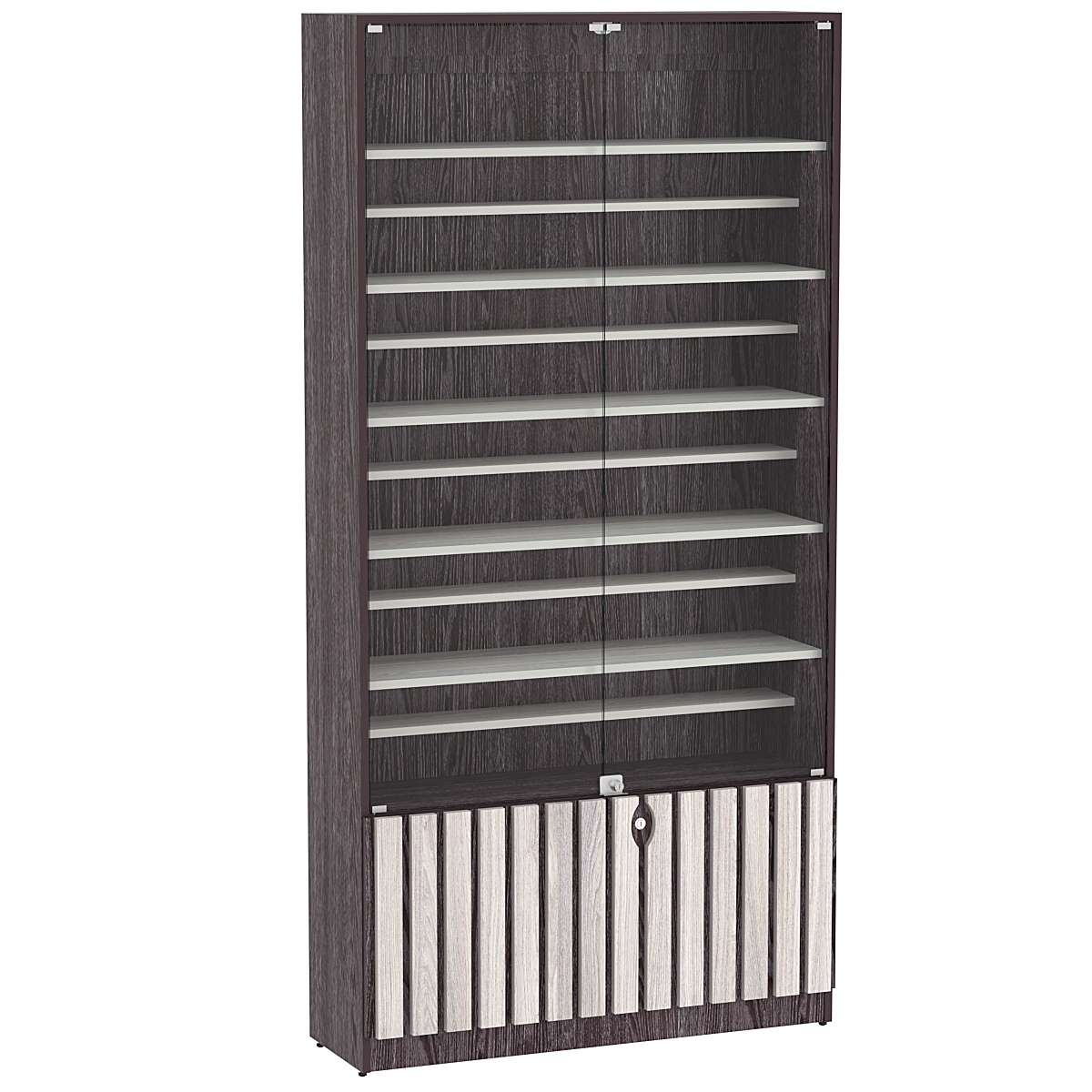 Витрина серии "Смок" №1-ДП-1000 (с доп. полками) Ясень Анкор темный + Ясень Анкор светлый