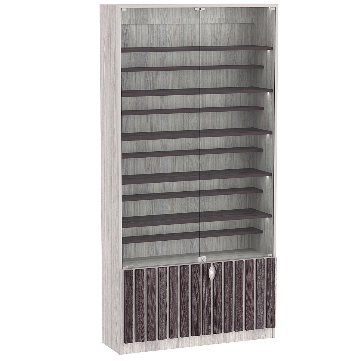Витрина серии "Смок" №1-ДП-1000 (с доп. полками) Ясень Анкор светлый + Ясень Анкор темный