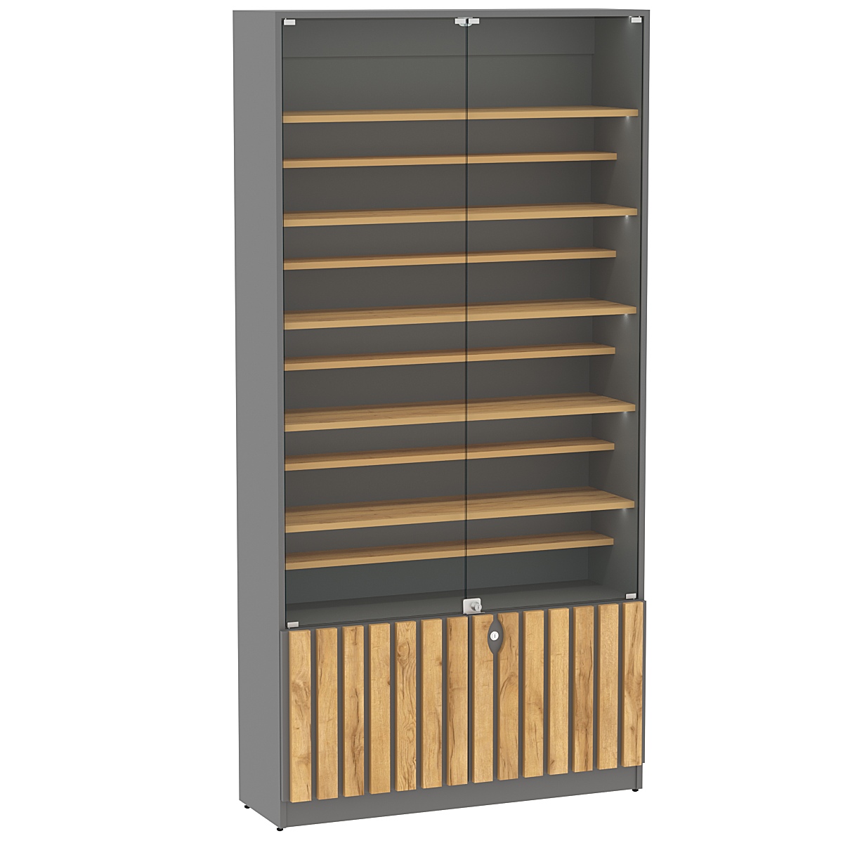 Витрина серии "Смок" №1-ДП-1000 (с доп. полками) Дуб Золотистый и Темно-Серый