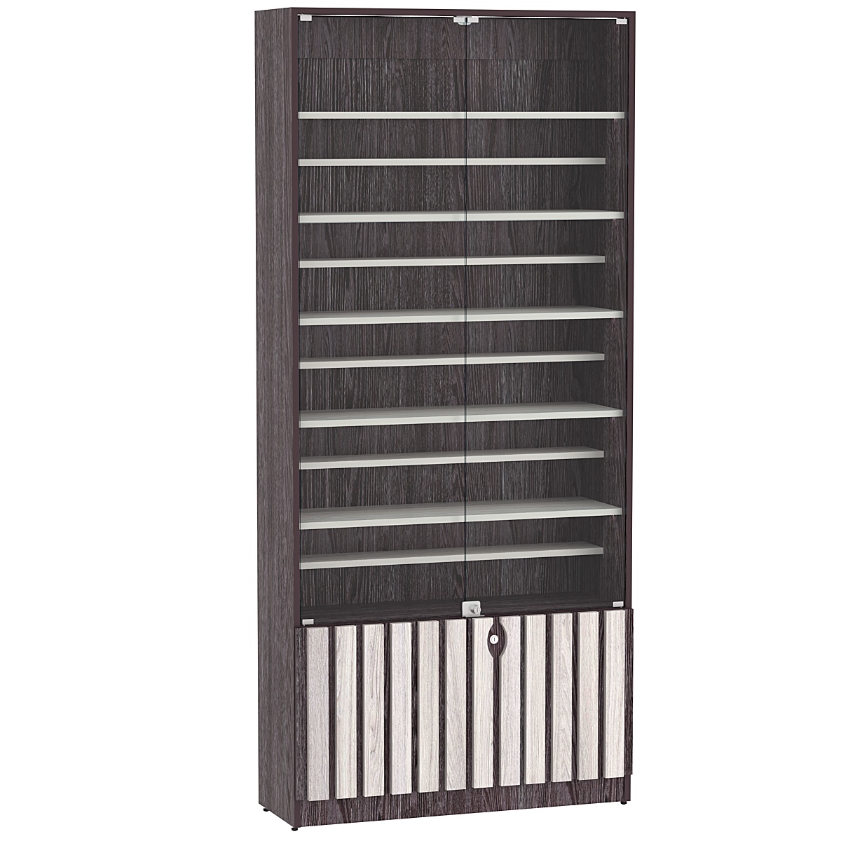 Витрина серии "Смок" №1-ДП-900 (с доп. полками) Ясень Анкор темный + Ясень Анкор светлый