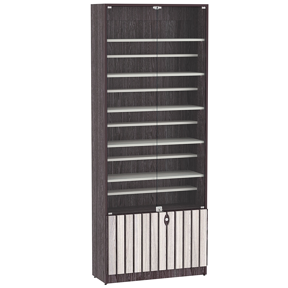 Витрина серии "Смок" №1-ДП-800 (с доп. полками) Ясень Анкор темный + Ясень Анкор светлый