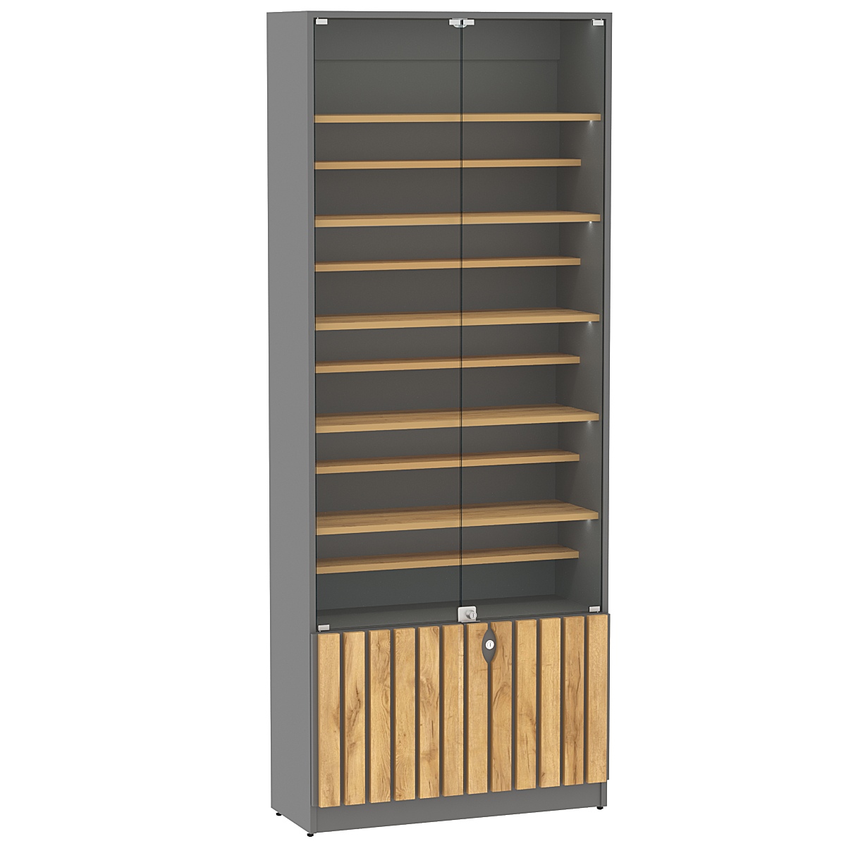 Витрина серии "Смок" №1-ДП-800 (с доп. полками) Дуб Золотистый и Темно-Серый
