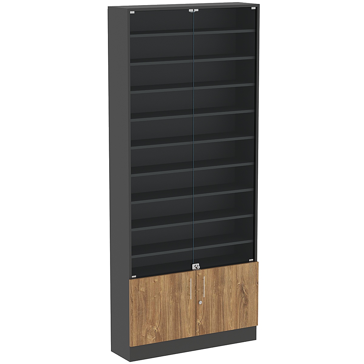 Торговая витрина Level №11-9п с 9-ю полками из ДСП 250х900мм Черный + Дуб Канзас коричневый