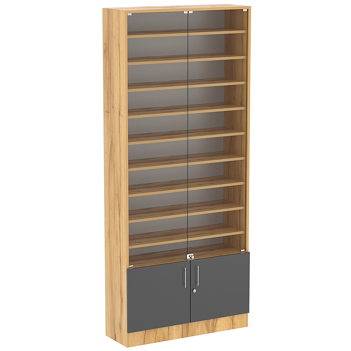 Торговая витрина Level №12-9п с 9-ю полками из ДСП 300х900мм Дуб Золотистый и Темно-Серый