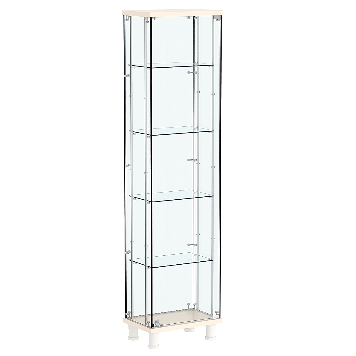 Витрина РОНДО с регулировочными полками №1-1-РЕГ на ножках (задняя стенка стекло) Крем Вайс