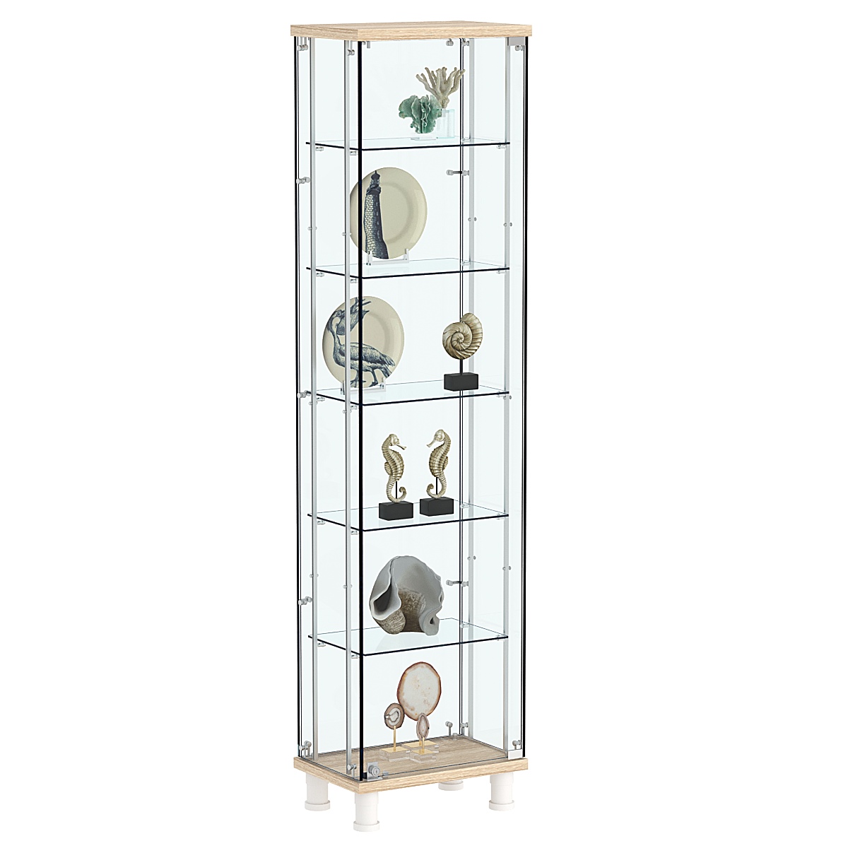 Витрина РОНДО с регулировочными полками №1-3-РЕГ на ножках (задняя стенка стекло) Дуб Сонома