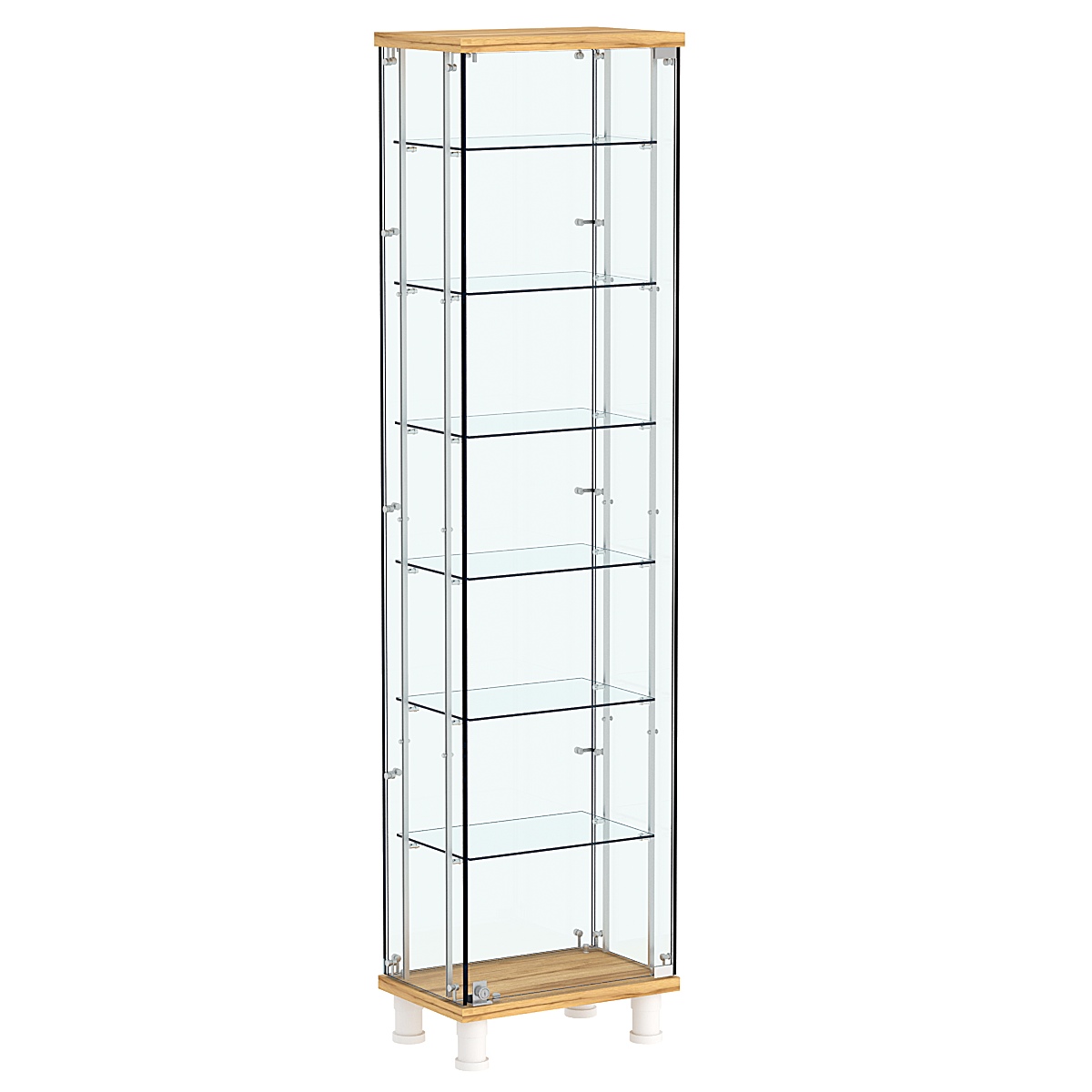 Витрина РОНДО с регулировочными полками №1-5-РЕГ на ножках (задняя стенка стекло) Дуб Золотистый