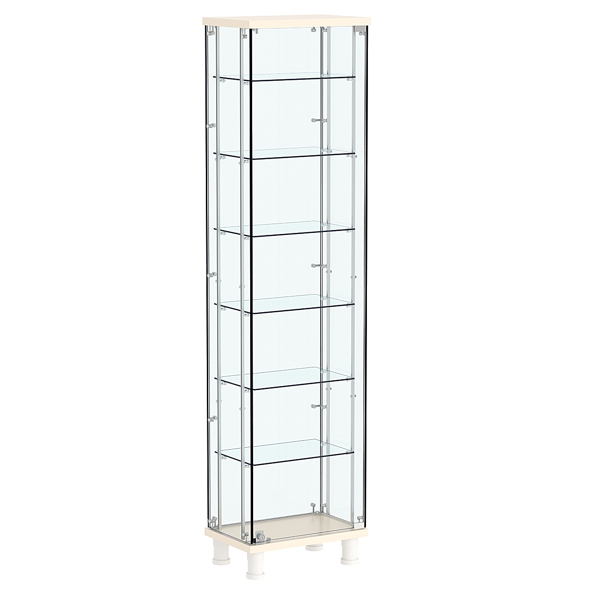 Витрина РОНДО с регулировочными полками №1-5-РЕГ на ножках (задняя стенка стекло) Крем Вайс