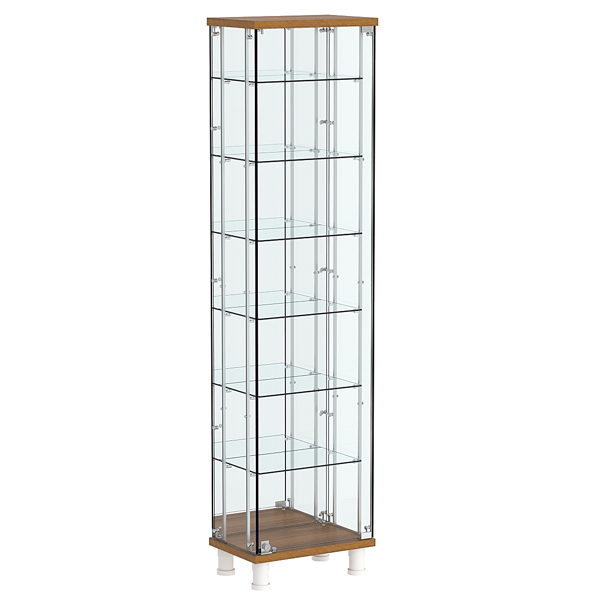 Витрина РОНДО с регулировочными полками №1-6-РЕГ на ножках (задняя стенка зеркало) Орех