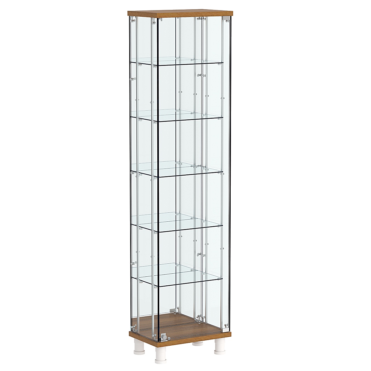 Витрина РОНДО с регулировочными полками №2-4-РЕГ на ножках (задняя стенка зеркало) Орех