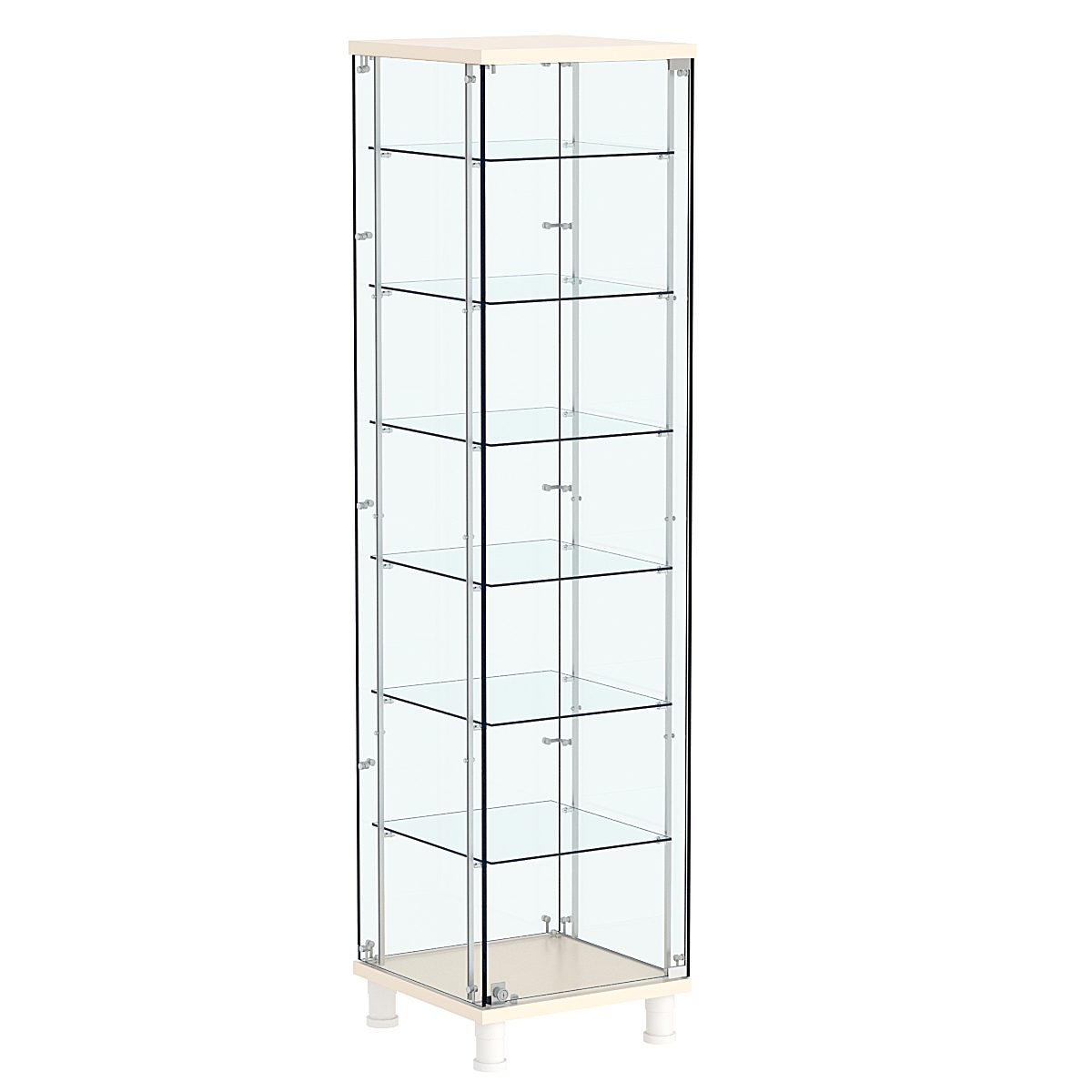 Витрина РОНДО с регулировочными полками №2-5-РЕГ на ножках (задняя стенка стекло) Крем Вайс
