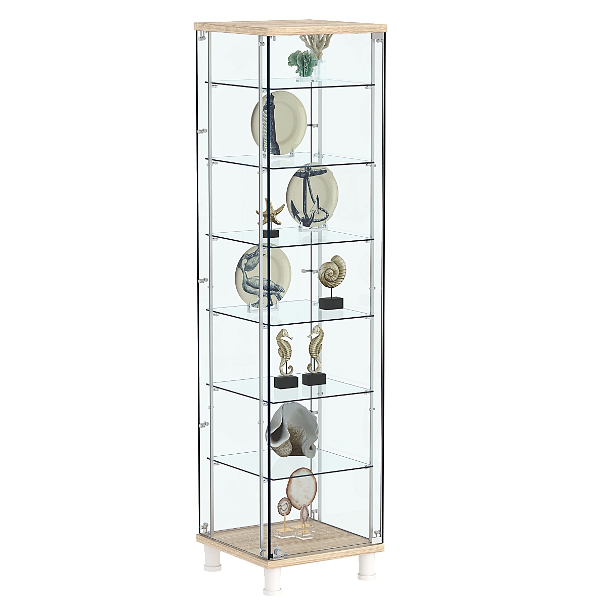 Витрина РОНДО с регулировочными полками №2-5-РЕГ на ножках (задняя стенка стекло) Дуб Сонома