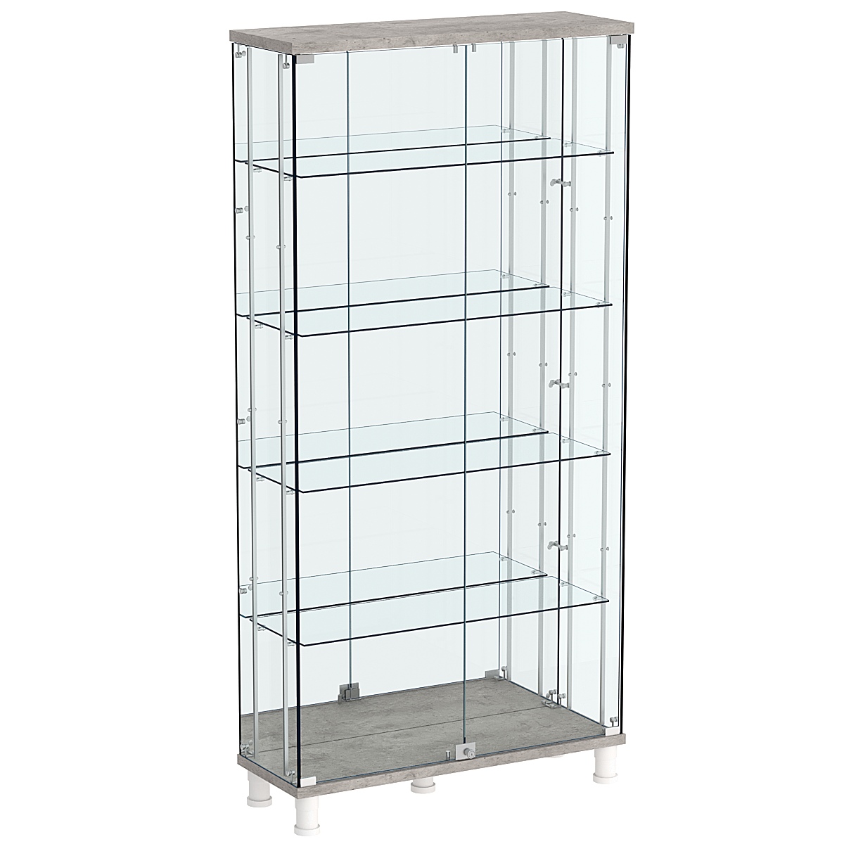 Витрина РОНДО с регулировочными полками №3-2-РЕГ на ножках (задняя стенка зеркало) Бетон Чикаго светло-серый F186 ST9