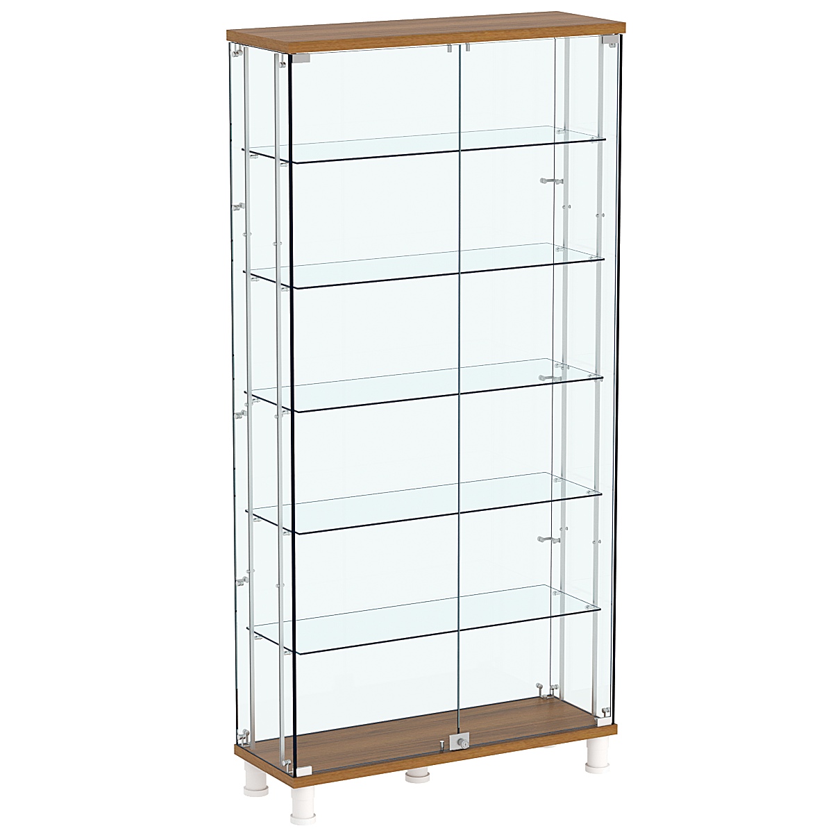 Витрина РОНДО с регулировочными полками №3-3-РЕГ на ножках (задняя стенка стекло) Орех