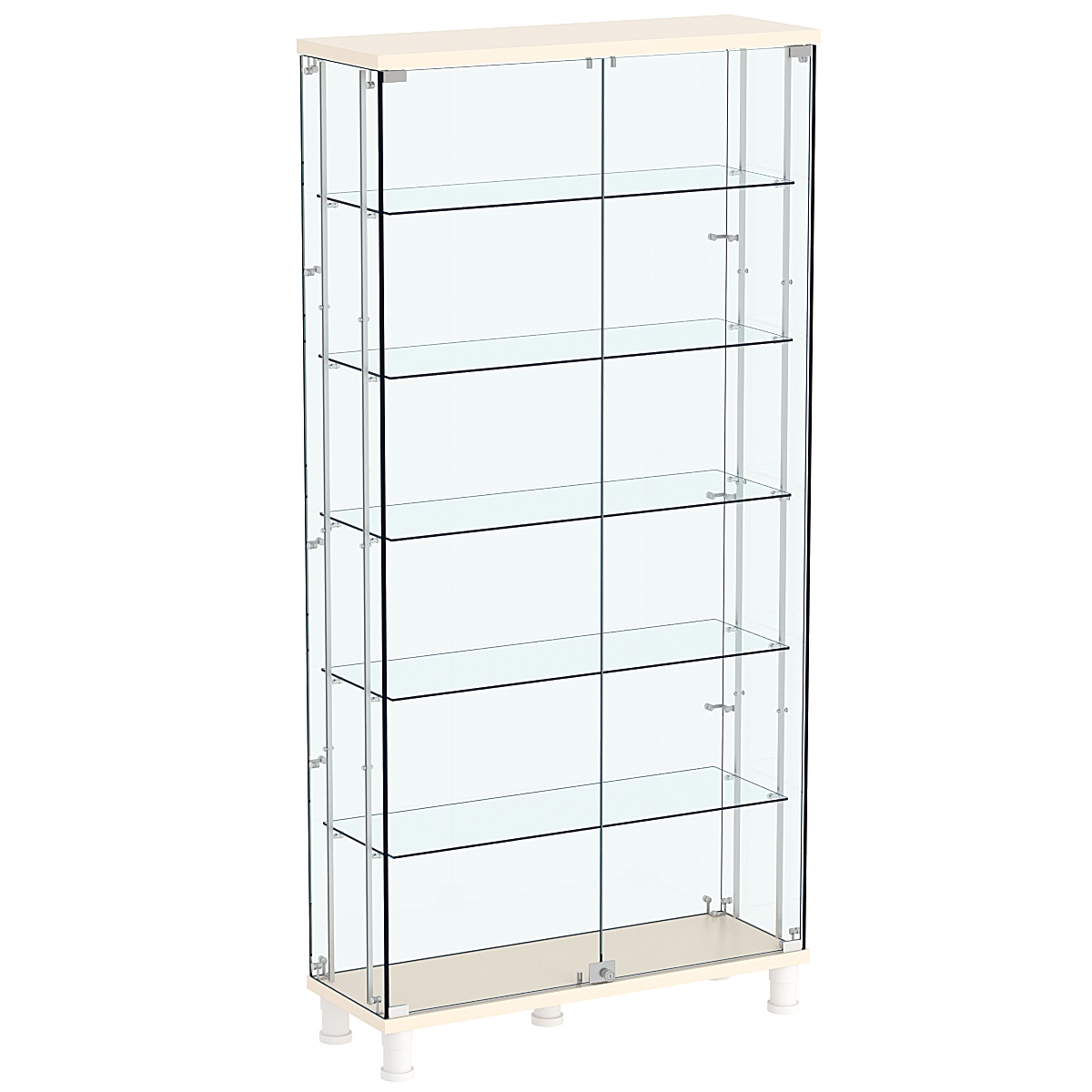 Витрина РОНДО с регулировочными полками №3-3-РЕГ на ножках (задняя стенка стекло) Крем Вайс