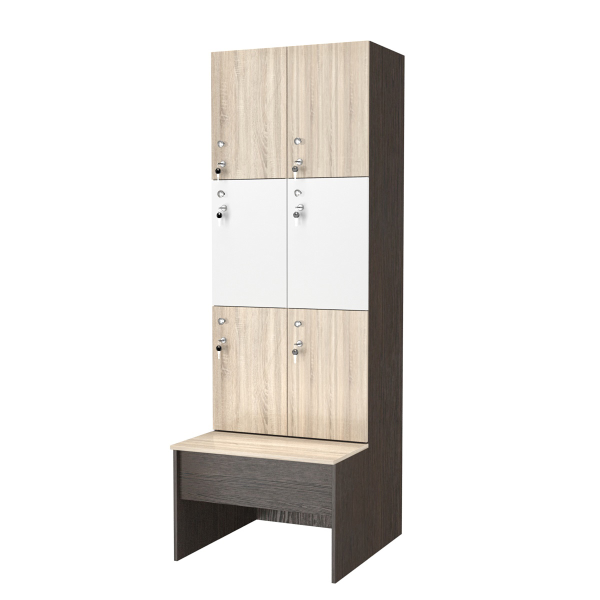 Шкаф для раздевалок со скамейкой КОМБО-Трио №2-1 Дуб Венге+Дуб сонома+Белый