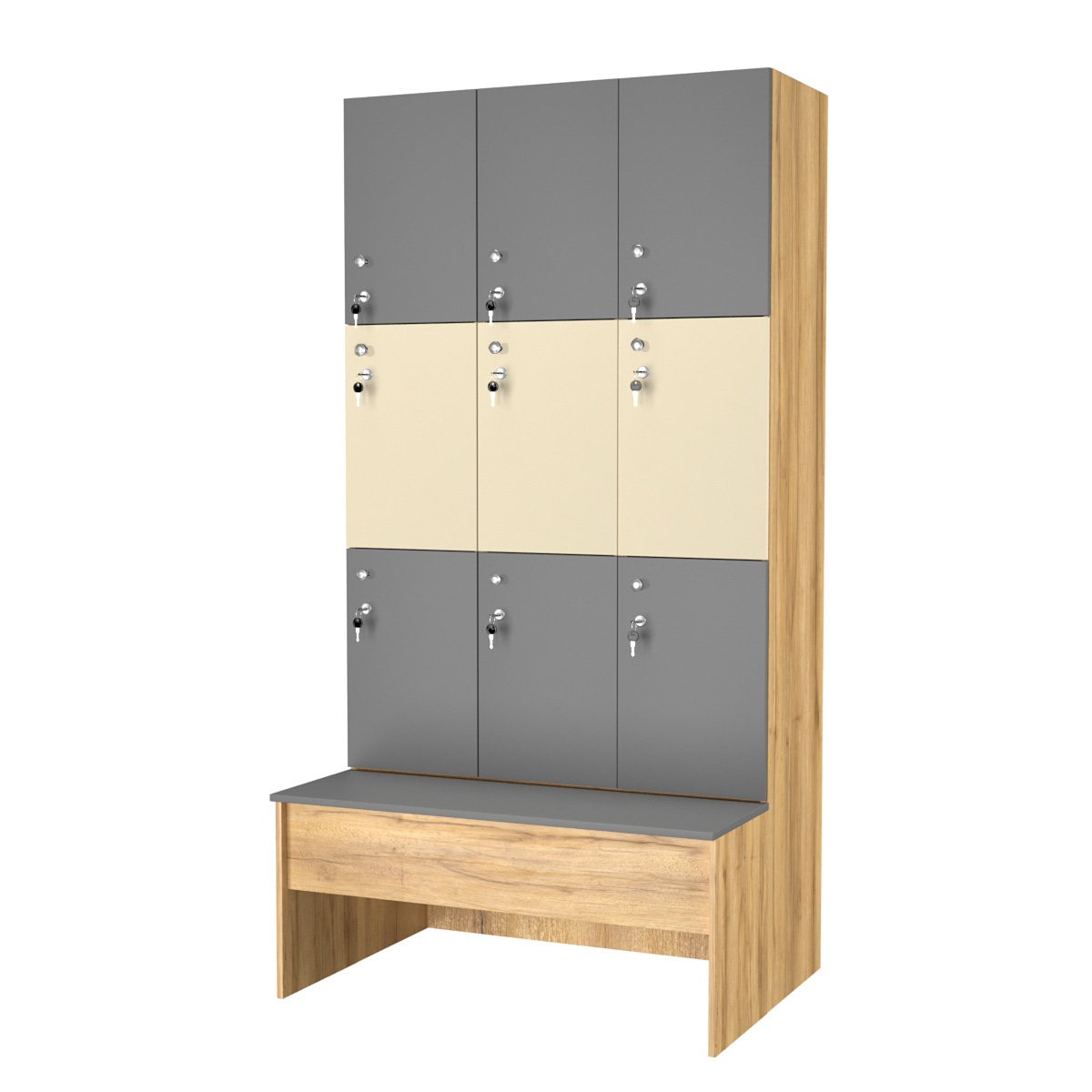 Шкаф для раздевалок со скамейкой КОМБО-Трио №3-1 Дуб Золотистый + Темно-серый+ Крем Вайс