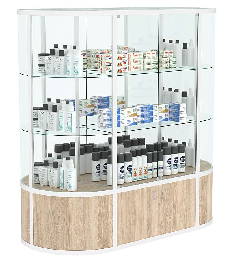 Витрина из профиля островная прозрачная с полками и секторами №2 Дуб сонома