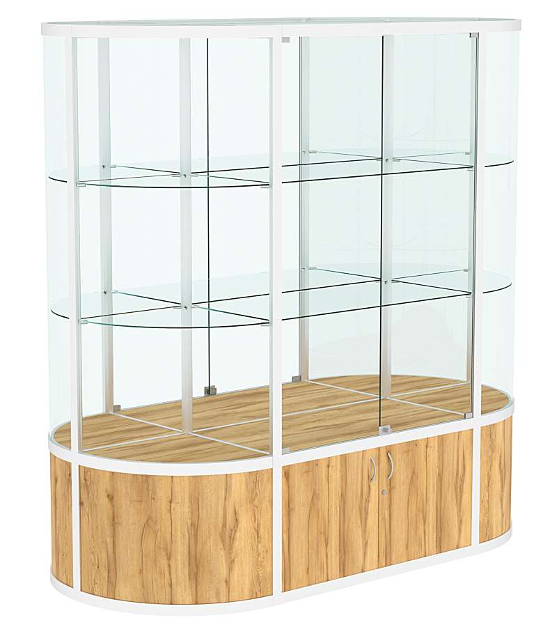 Витрина из профиля островная прозрачная с полками и секторами №2 Дуб Золотистый