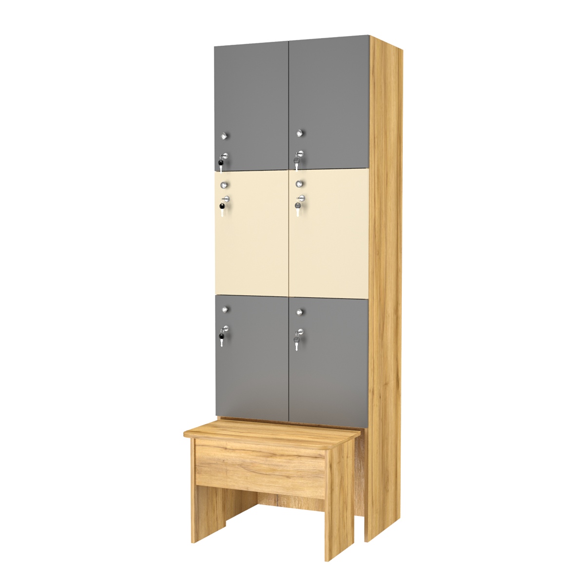 Шкаф для раздевалок с задвижной скамейкой КОМБО-Трио №2-2 Дуб Золотистый + Темно-серый+ Крем Вайс