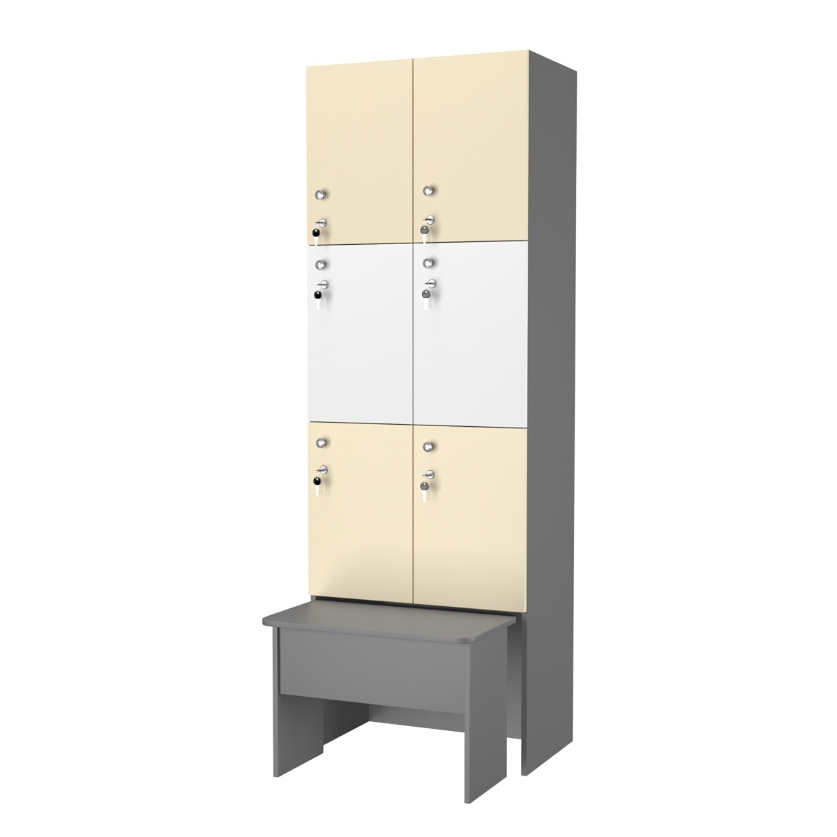 Шкаф для раздевалок с задвижной скамейкой КОМБО-Трио №2-2 Темно-серый+Крем Вайс+Белый