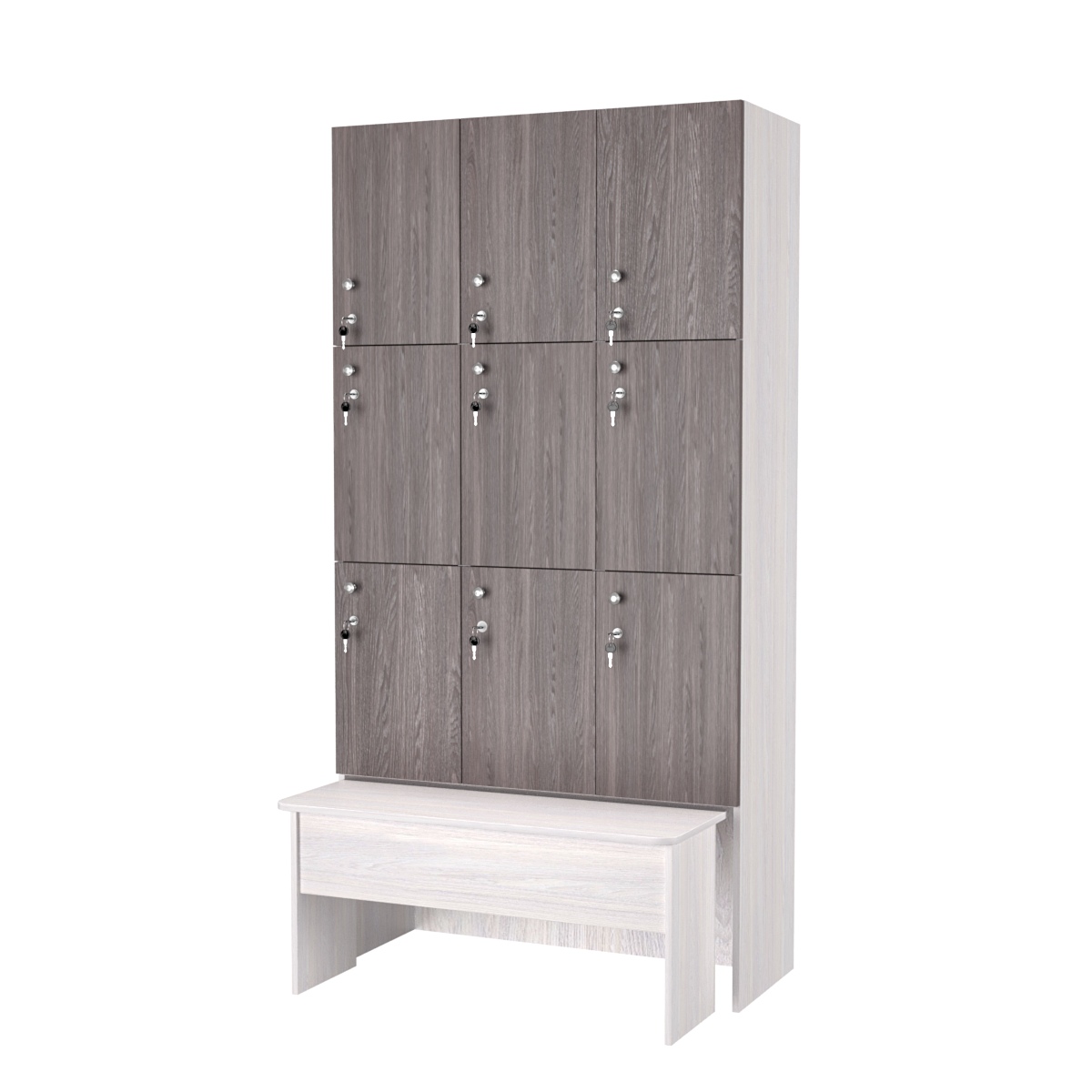 Шкаф для раздевалок с задвижной скамейкой КОМБО-Трио №3-2 Ясень Анкор светлый + Ясень Анкор темный