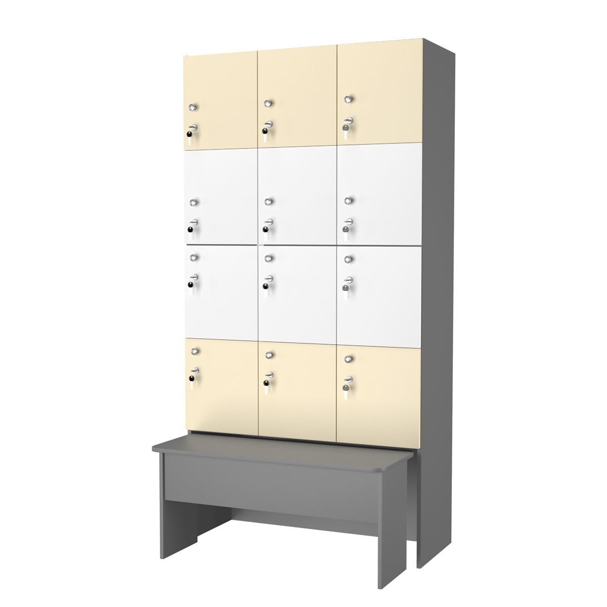 Шкаф для раздевалок сзадвижной скамейкой КОМБО-Квартет №3-2 Темно-серый+Крем Вайс+Белый