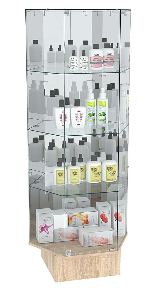 Витрина шестигранная Истра №44 (три задние стенки зеркальные) Дуб сонома