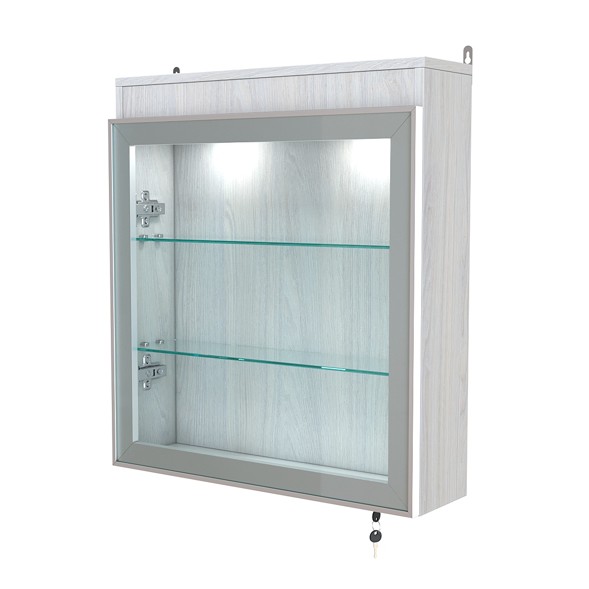 Витрина настенная №1-3А с прозрачными полками и фризом с подсветкой серии Collecto Ясень Анкор светлый