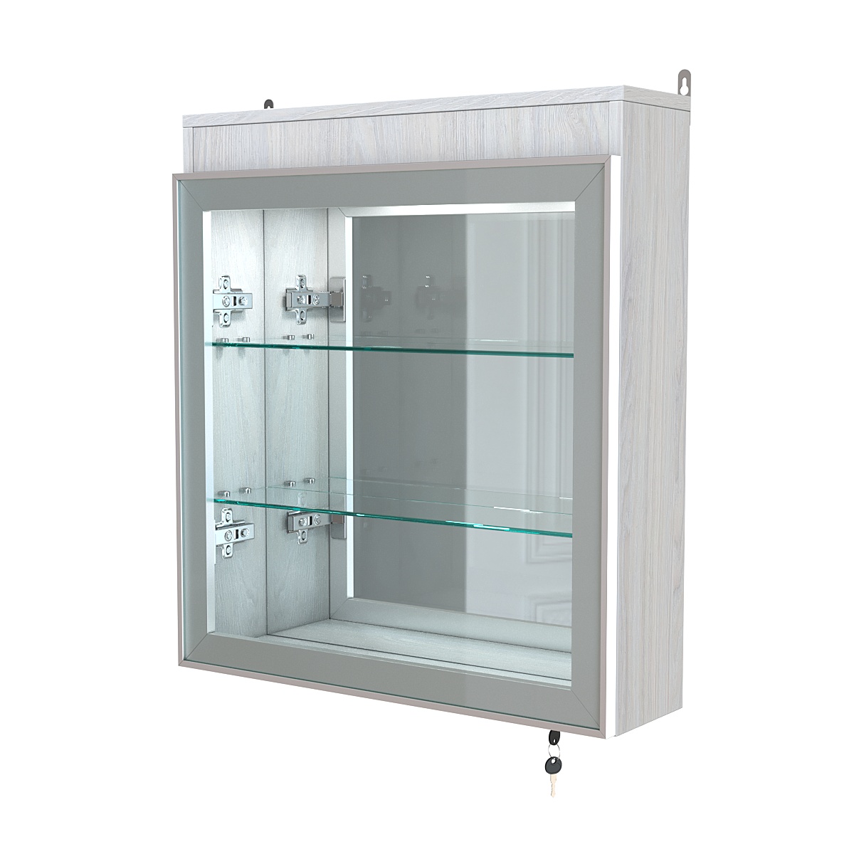 Витрина настенная №1-4А с подсветкой и зеркалом серии Collecto Ясень Анкор светлый