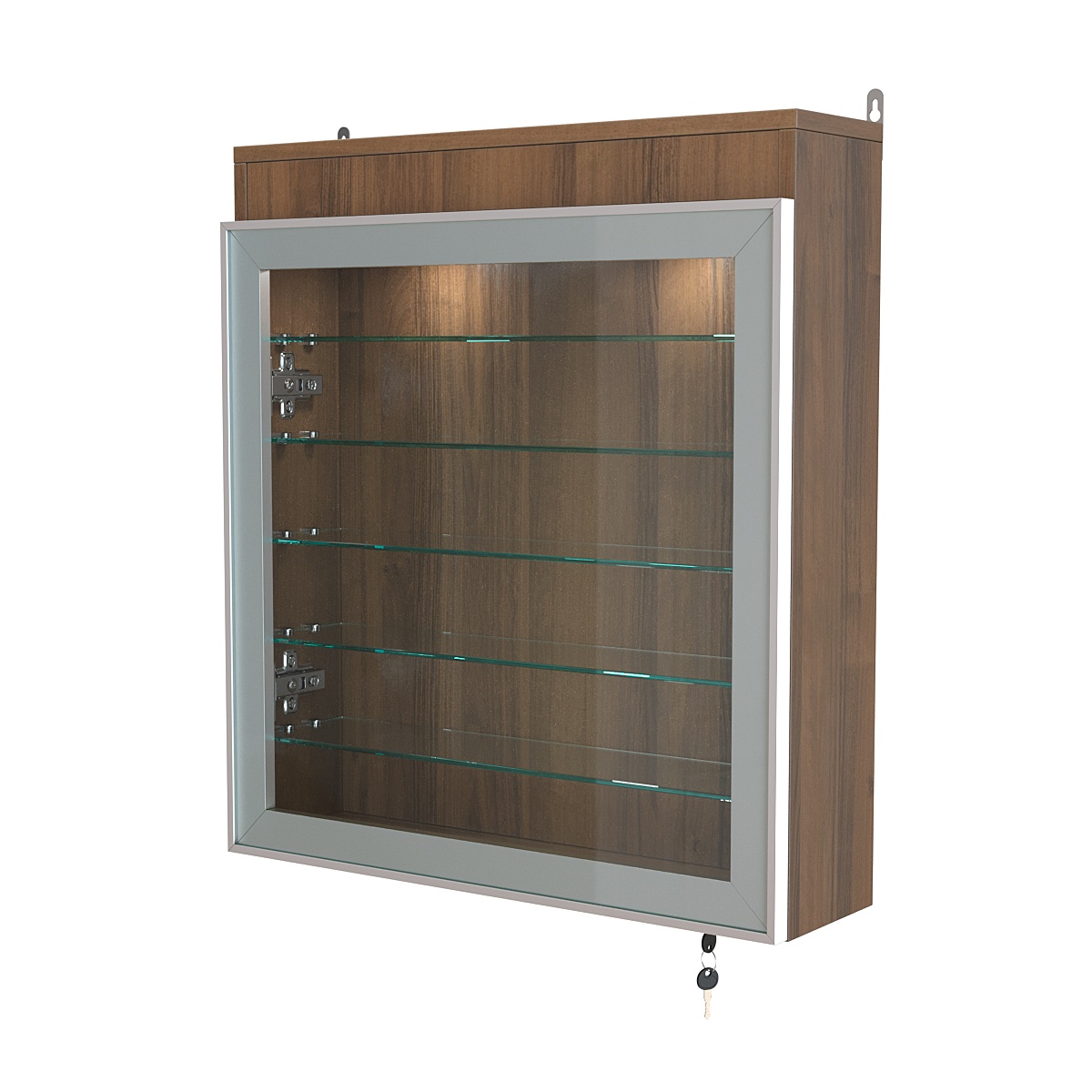Витрина настенная №1-7А с пятью полками из стекла и верхней подсветкой серии Collecto Орех