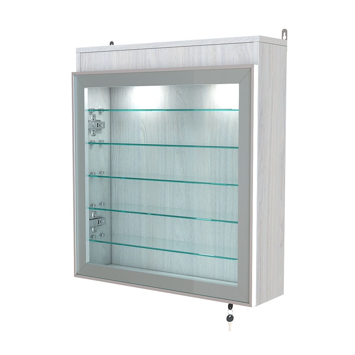 Витрина настенная №1-7А с пятью полками из стекла и верхней подсветкой серии Collecto Ясень Анкор светлый