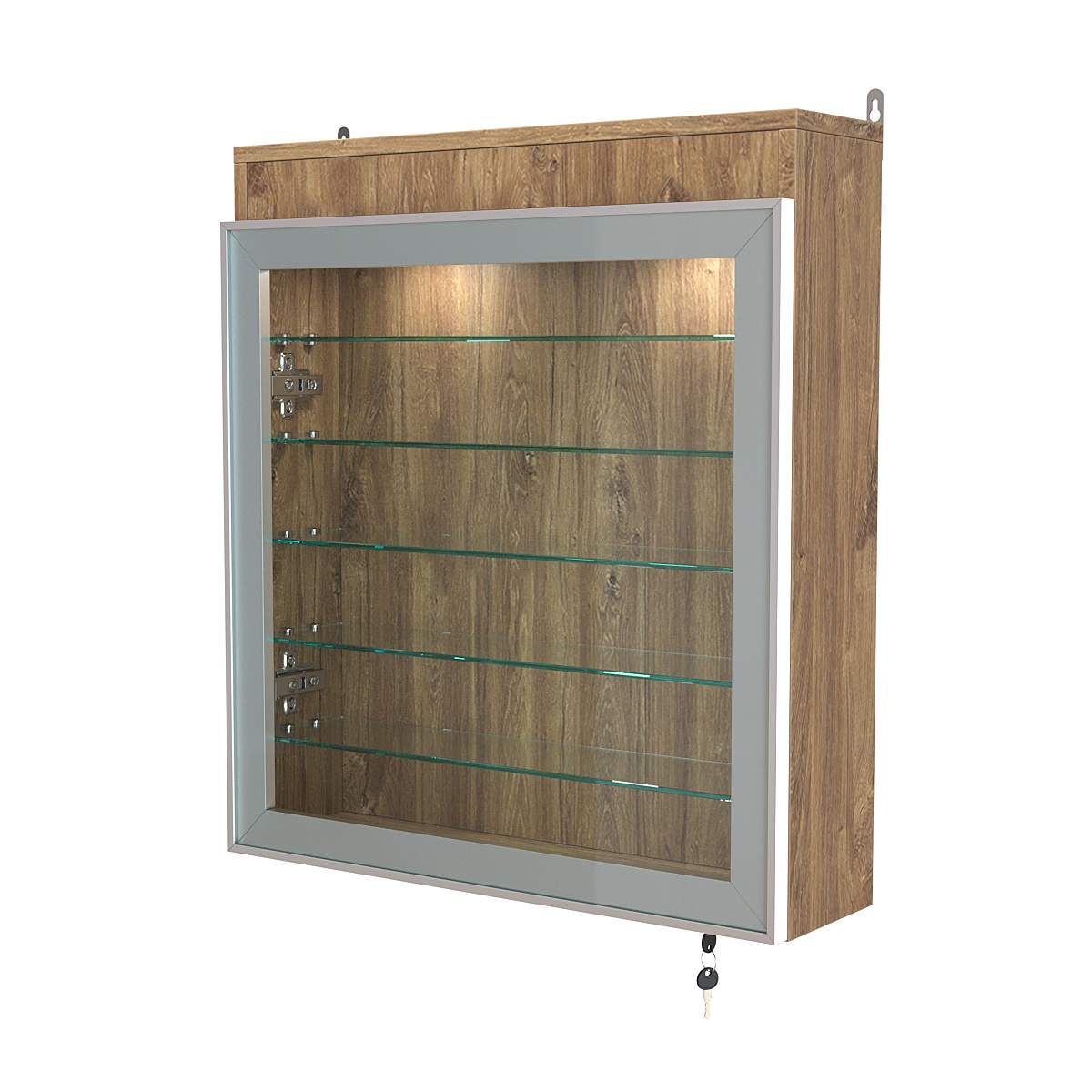 Витрина настенная №1-7А с пятью полками из стекла и верхней подсветкой серии Collecto Дуб Канзас коричневый