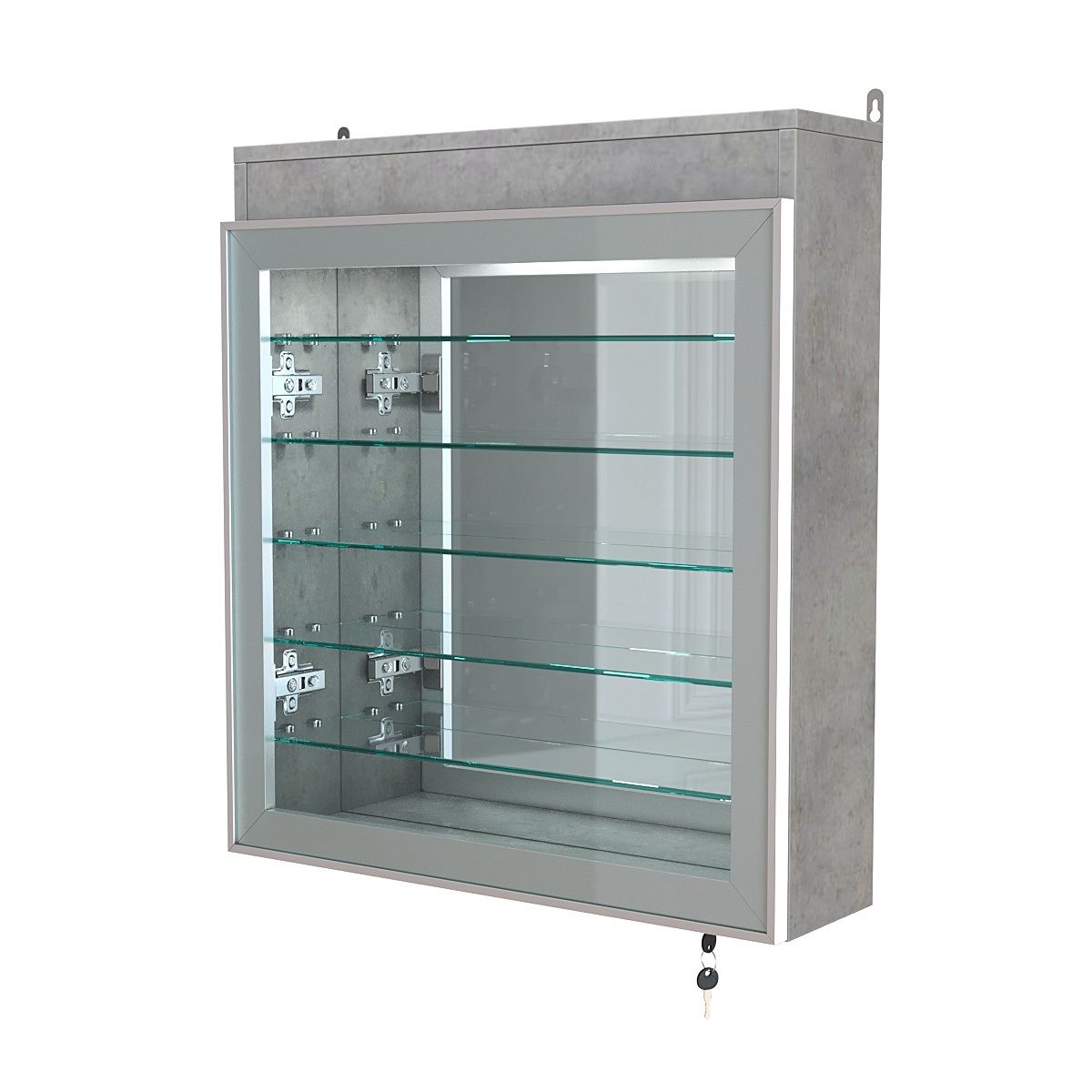 Витрина настенная №1-8А с пятью полками, подсветкой и зеркалом серии Collecto Бетон Чикаго светло-серый F186 ST9