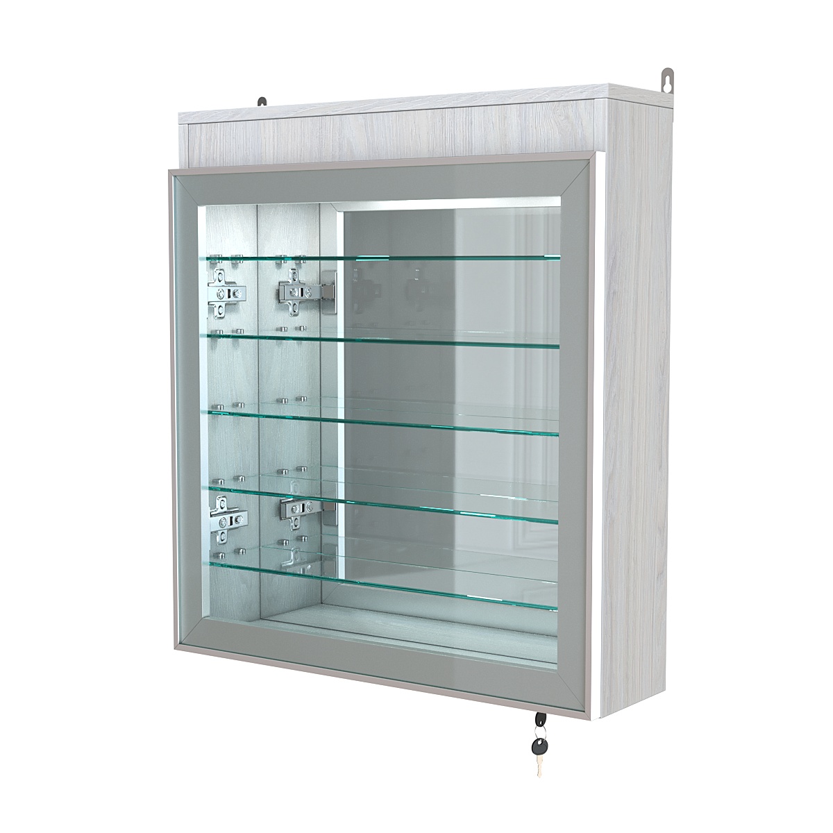 Витрина настенная №1-8А с пятью полками, подсветкой и зеркалом серии Collecto Ясень Анкор светлый