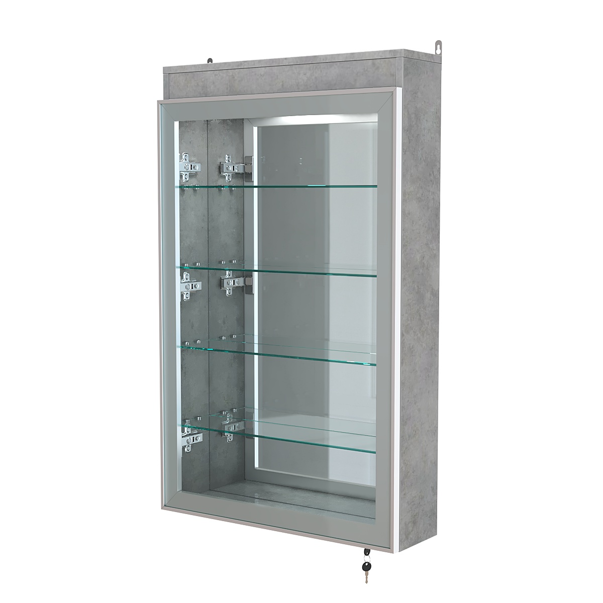 Витрина настенная №2-4А зеркальная с четырьмя полками и подсветкой серии Collecto Бетон Чикаго светло-серый F186 ST9